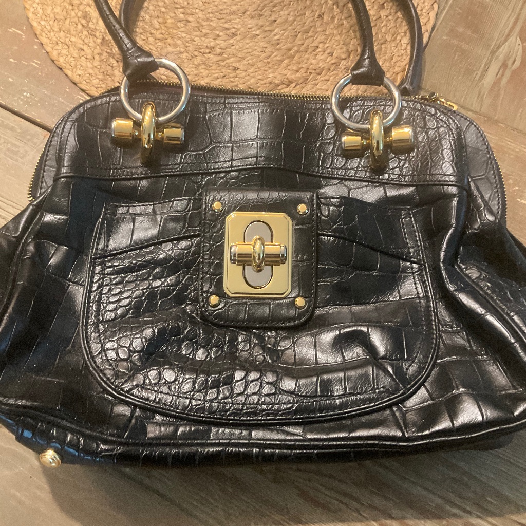 B. Makowsky Black Leather Zip Double Handle Gold Toggle Handbag Purse Nwot